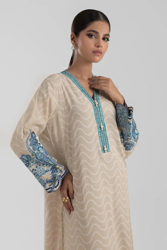 Blue and Beige Embroidered Shirt