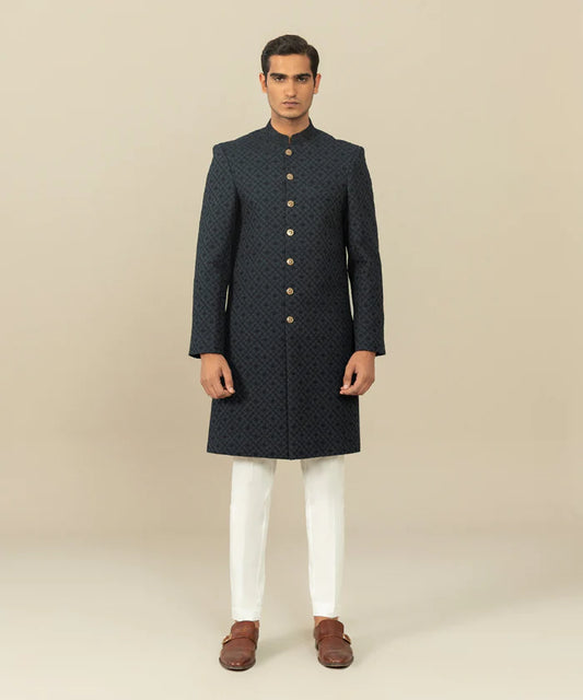Sherwani - Blue Black - Embroidered Shiffli Cotton