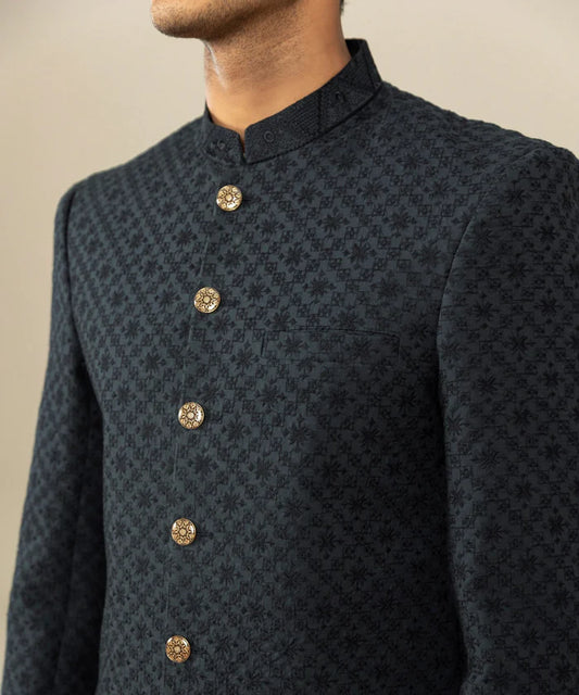 Sherwani - Blue Black - Embroidered Shiffli Cotton