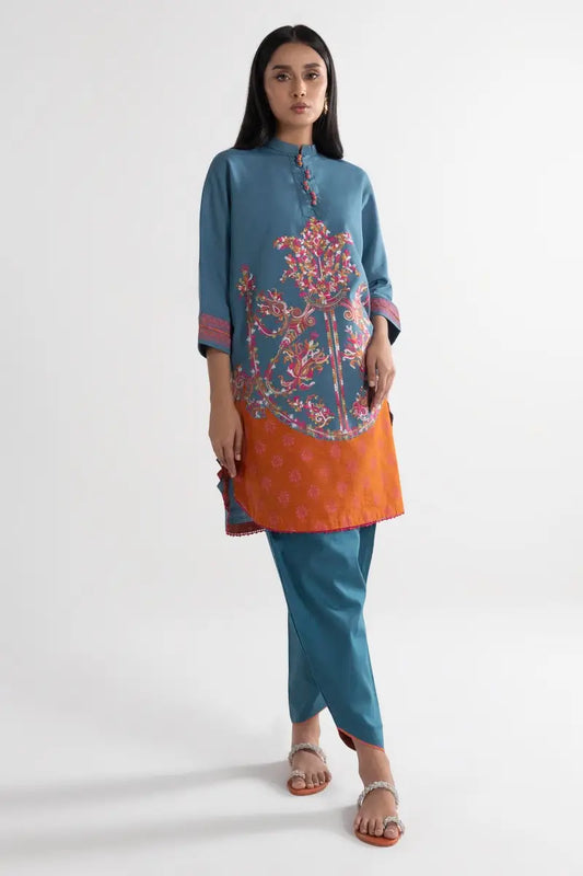 Orange Blue Embroidered Kurta