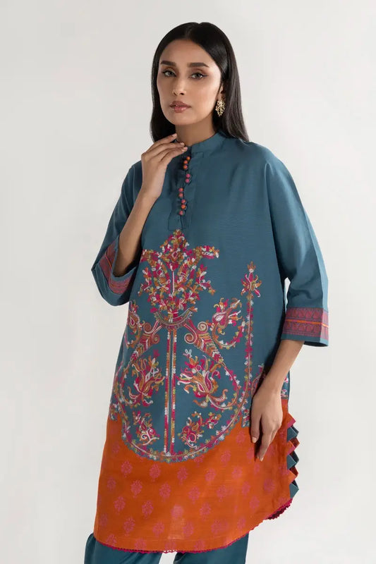 Orange Blue Embroidered Kurta