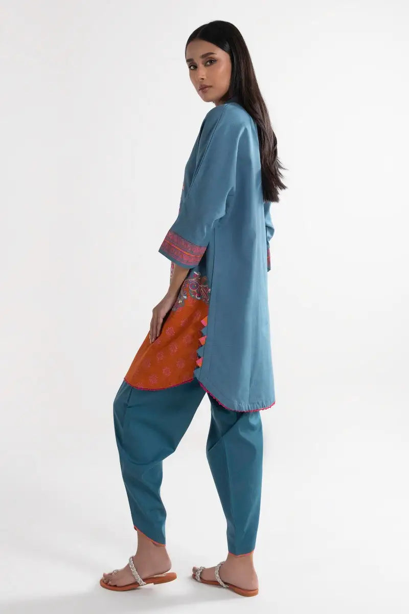 Orange Blue Embroidered Kurta