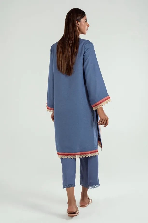 Blue Embroidered Slub Kurta