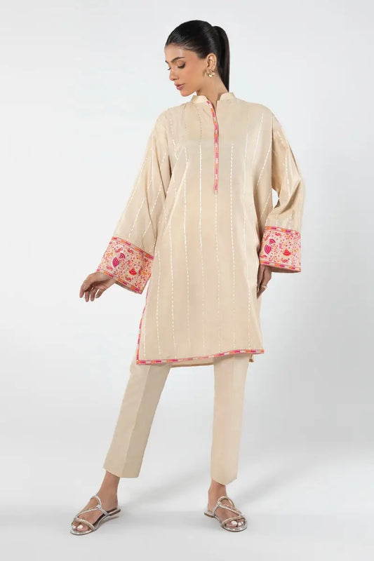 Cream Pink Embroidered Kurta