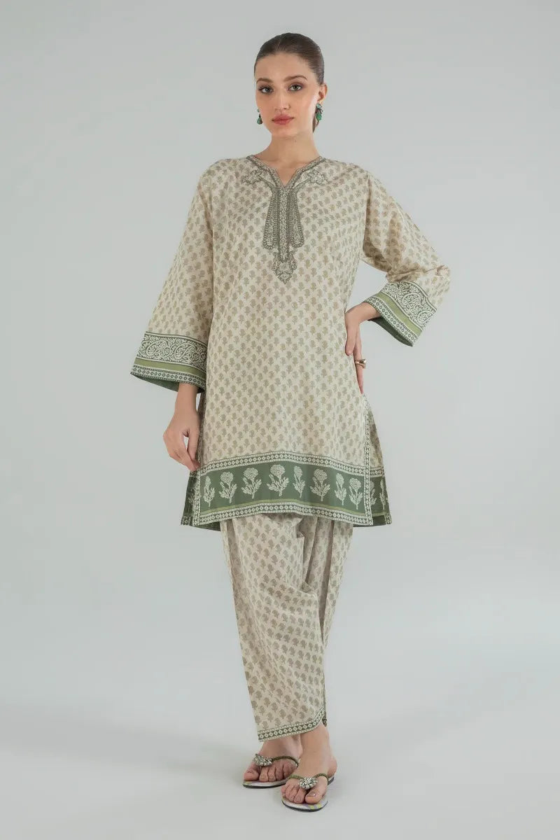 Cream Green Lawn Kurta