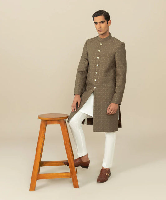 Sherwani - Brown - Embroidered Shiffli Cotton