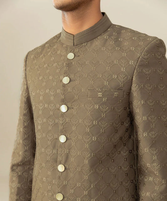 Sherwani - Brown - Embroidered Shiffli Cotton
