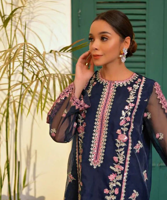 Navy Embroidered Organza - 3 Piece Suit