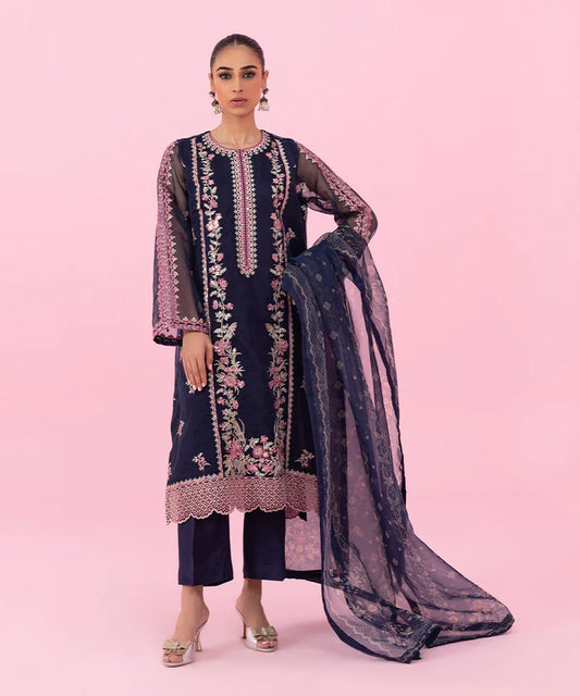 Navy Embroidered Organza - 3 Piece Suit