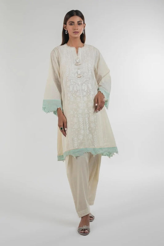 Off White Embroidered Lawn Frock