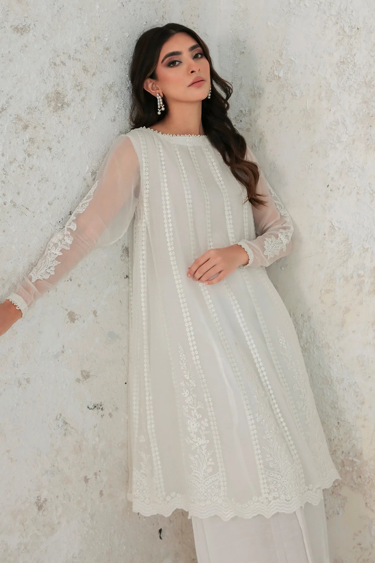 White Embroidered Chiffon Frock 2 Piece tyaari