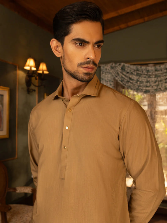 Beige(camel) Blended Kameez Shalwar