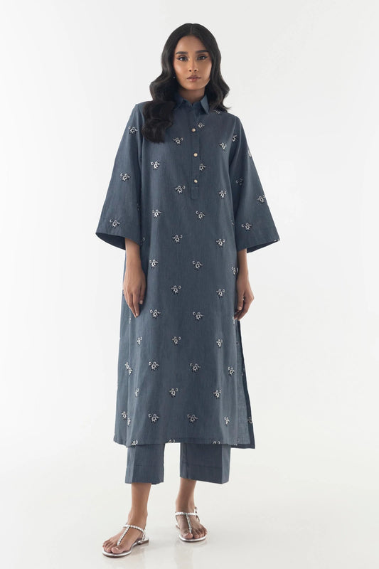 Reem-Grey Embroidered Shirt + Culotte