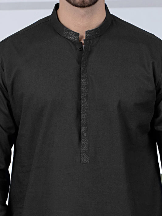 Black Cotton Screen Printed Kurta