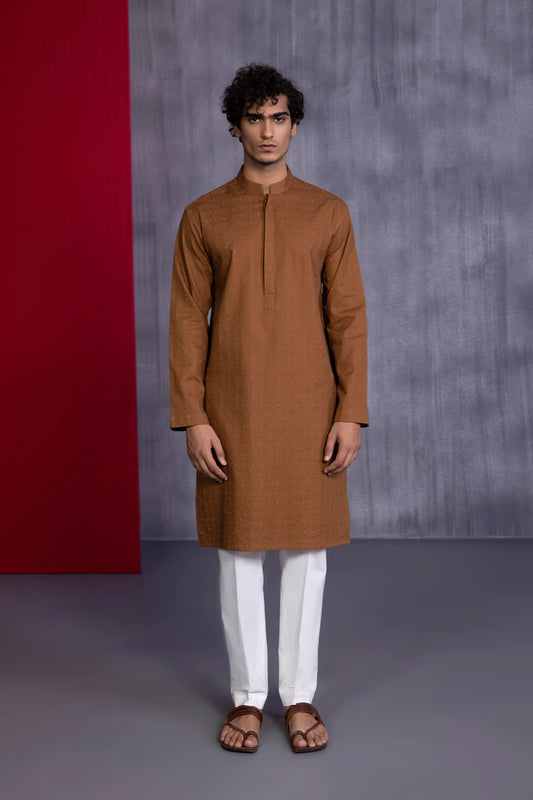 Rust Embroidered Cotton Schiffli Kurta