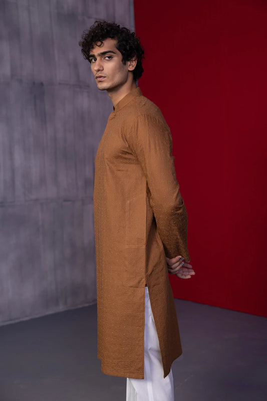 Rust Embroidered Cotton Schiffli Kurta