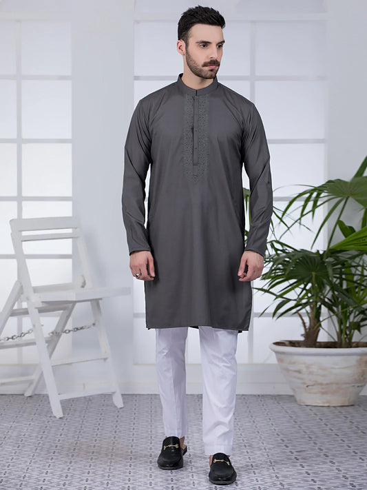 Grey Embroidered Blended Kurta