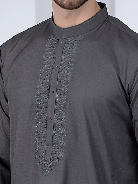 Grey Embroidered Blended Kurta
