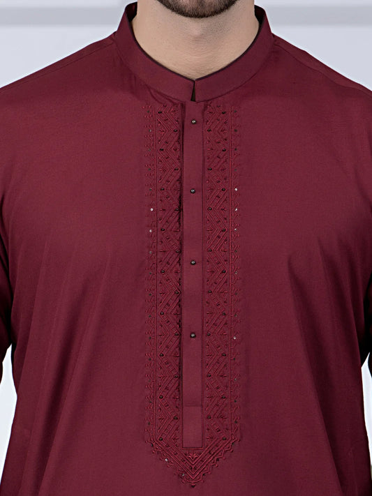 Maroon Embroidered Blended Kurta