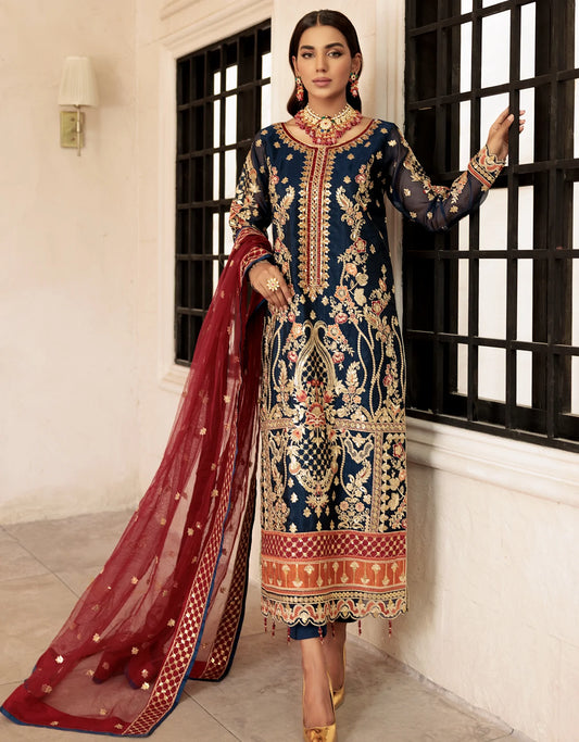Navy Red Organza Embroidered- 3 Piece Suite
