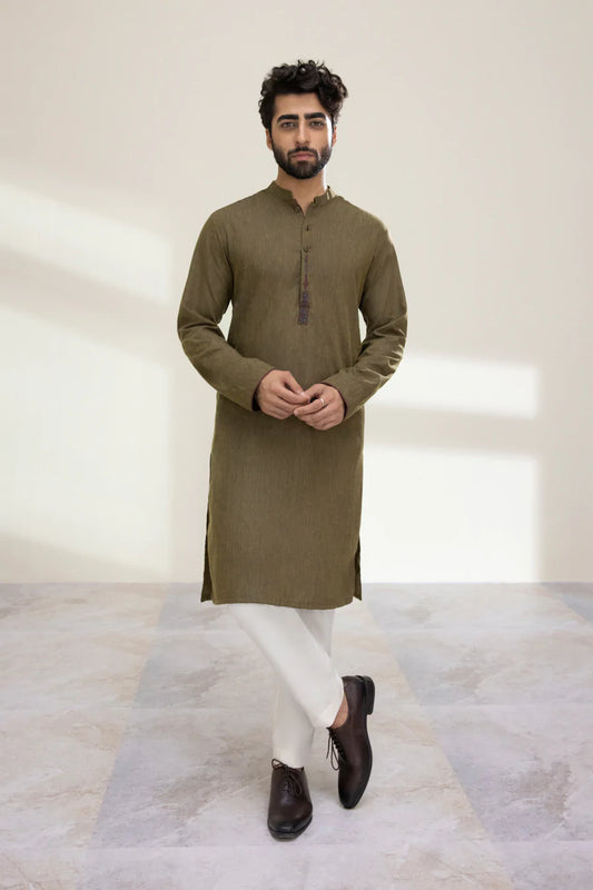 Olive Brown Embroidered Wash n Wear Kurta