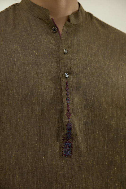 Olive Brown Embroidered Wash n Wear Kurta
