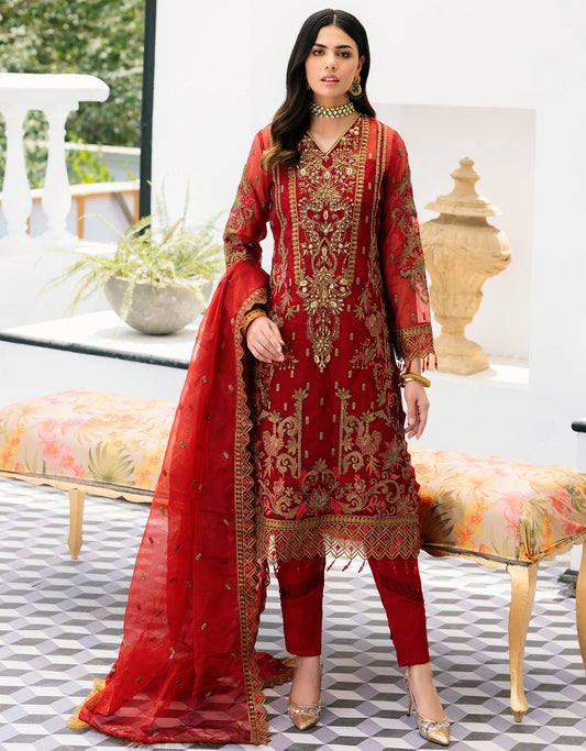 Maroon Organza Embroidered- 3 Piece Suit