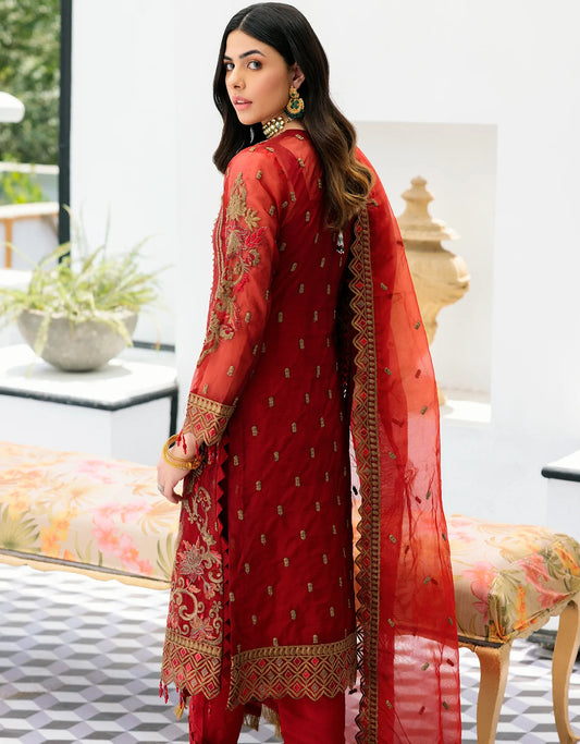 Maroon Organza Embroidered- 3 Piece Suit