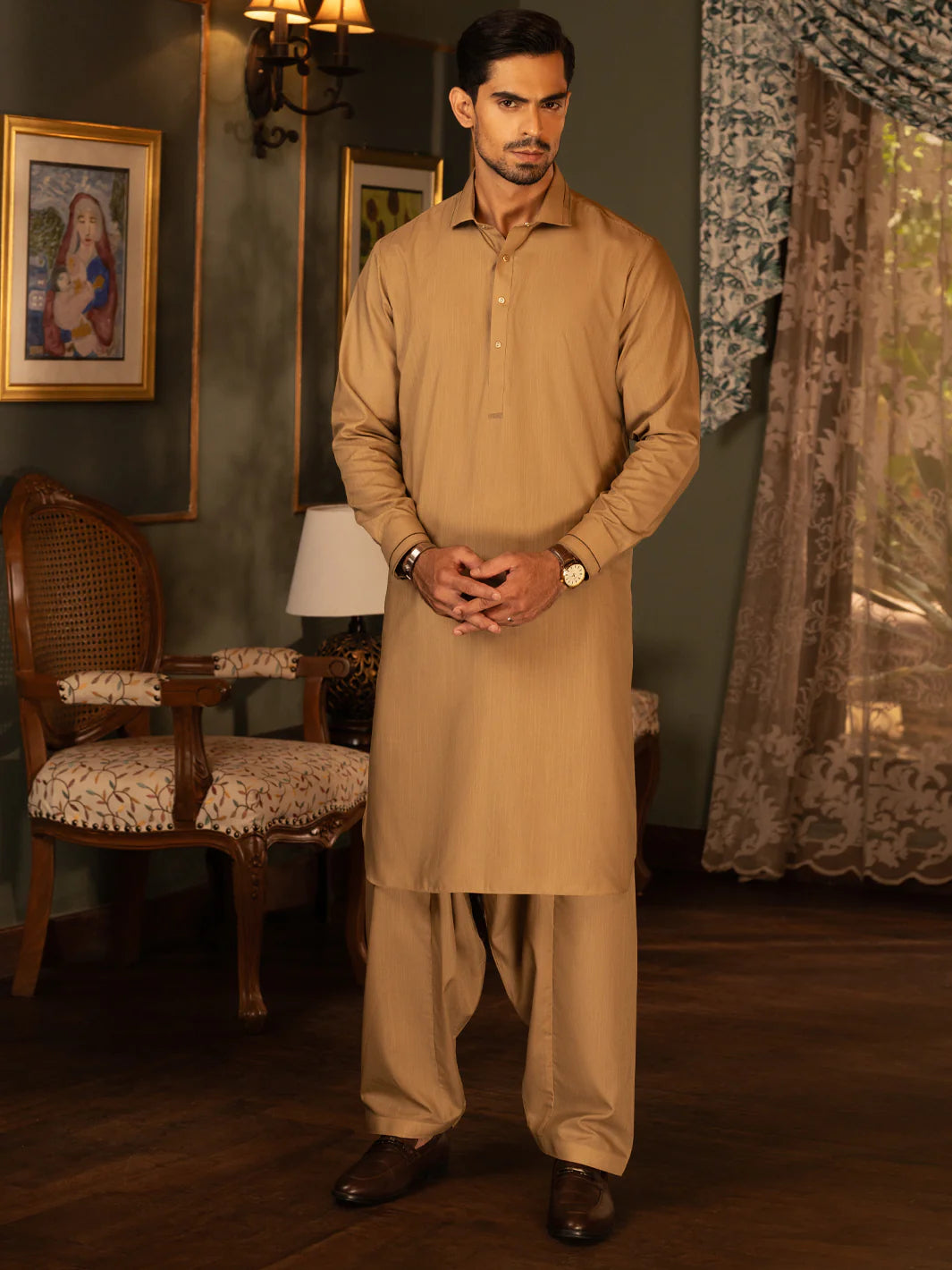 Beige(camel) Blended Kameez Shalwar