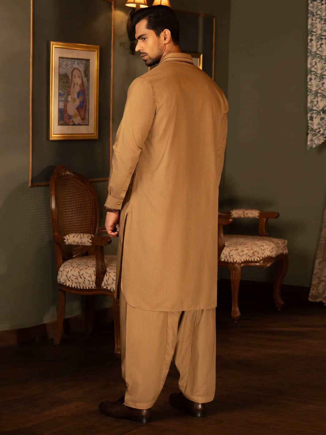 Beige(camel) Blended Kameez Shalwar
