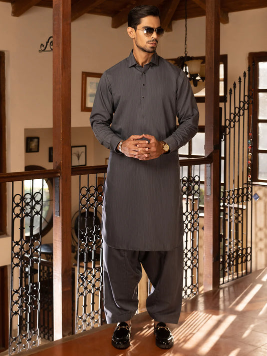 Dark Grey Blended Kameez Shalwar