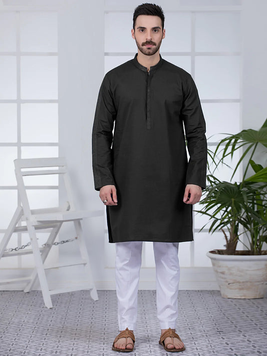 Black Cotton Screen Printed Kurta