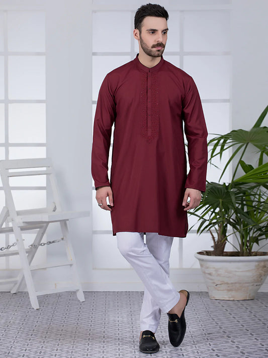 Maroon Embroidered Blended Kurta