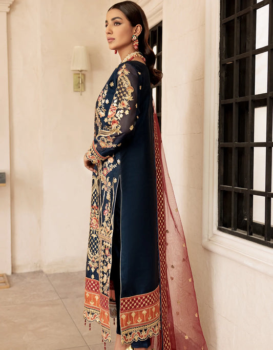 Navy Red Organza Embroidered- 3 Piece Suite