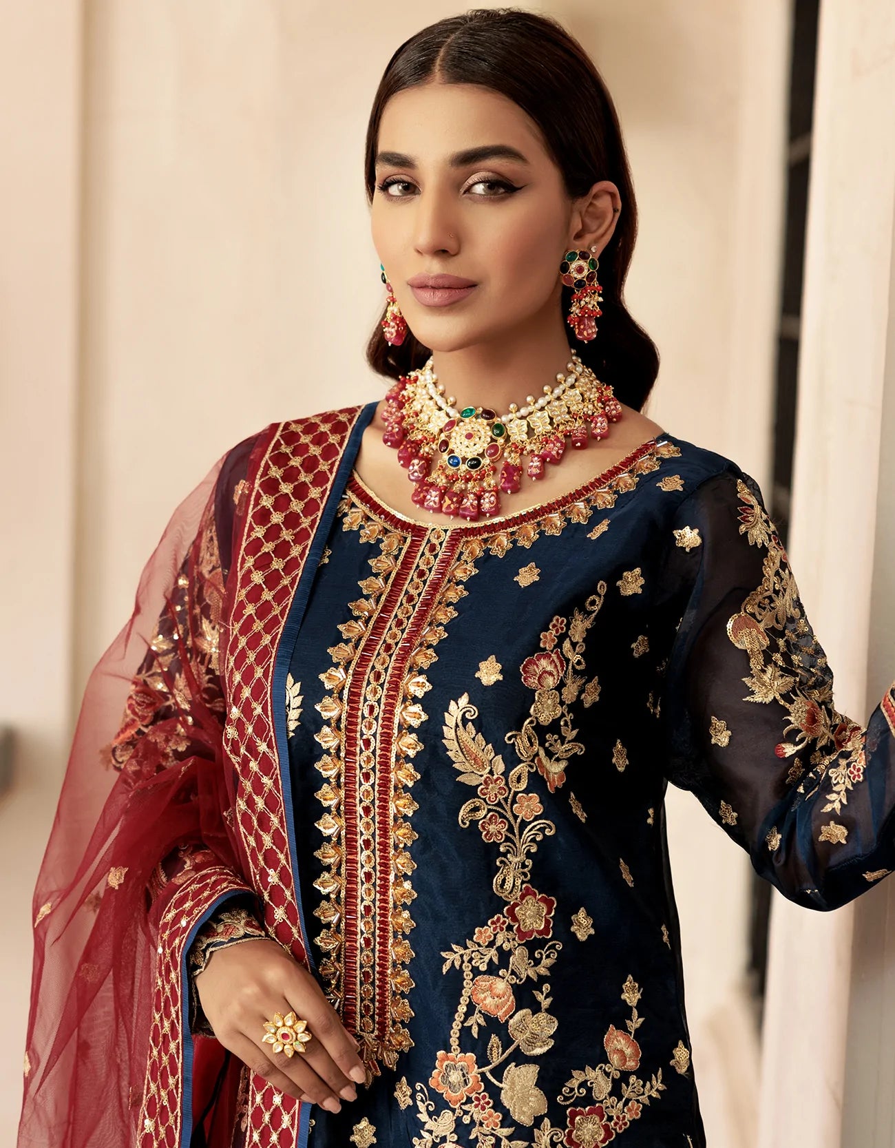 Navy Red Organza Embroidered- 3 Piece Suite