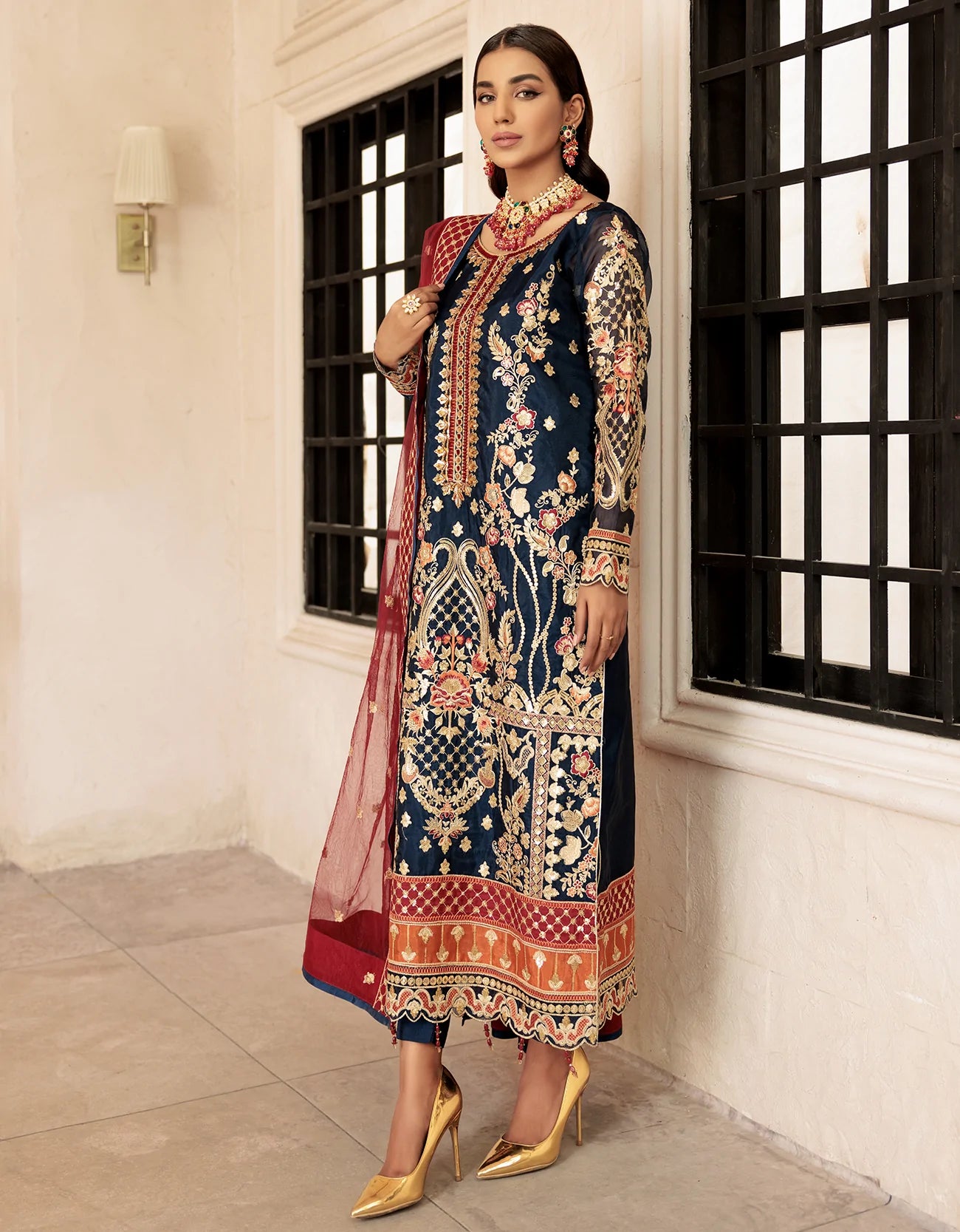 Navy Red Organza Embroidered- 3 Piece Suite